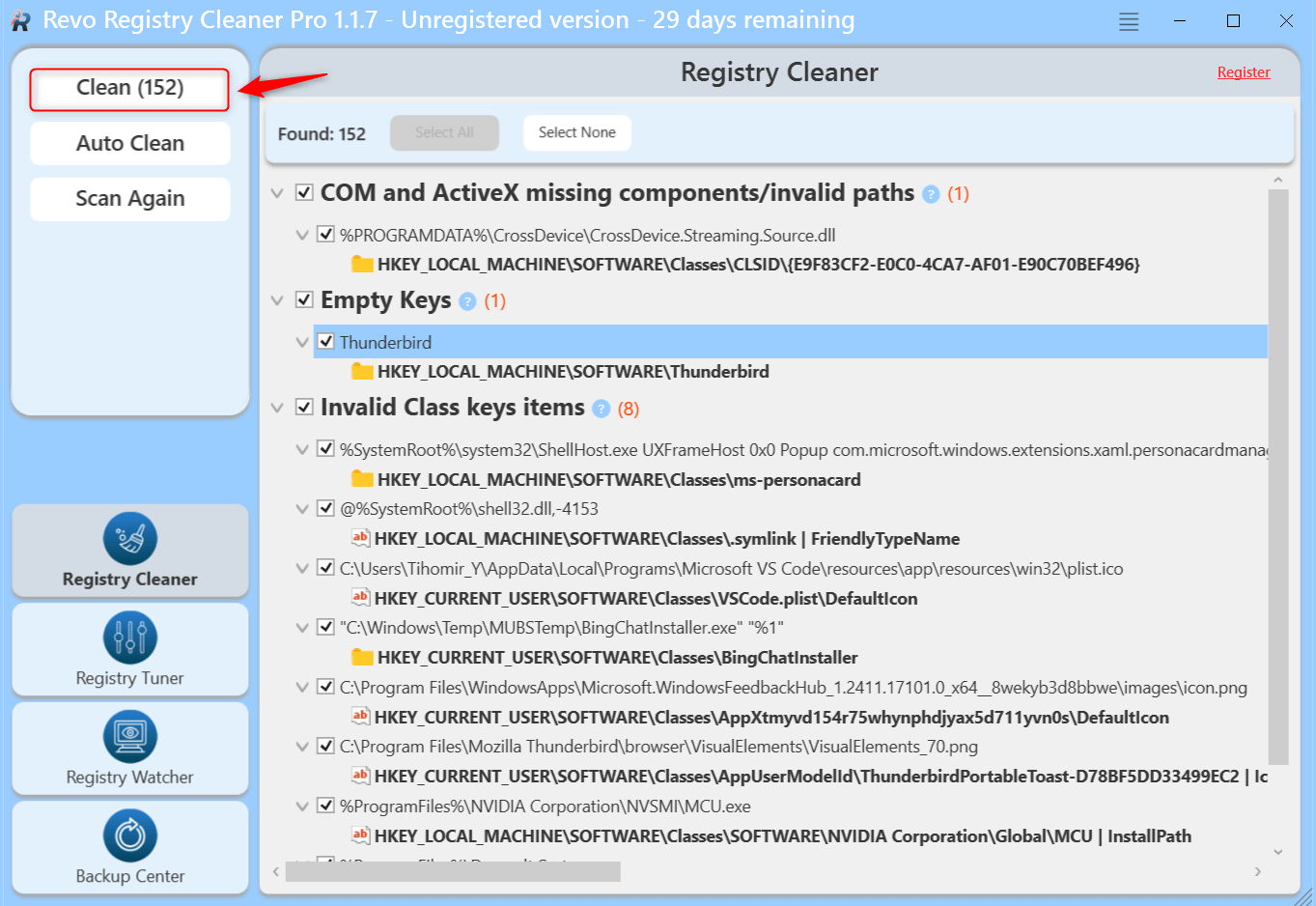 revo registry cleaner detected issues