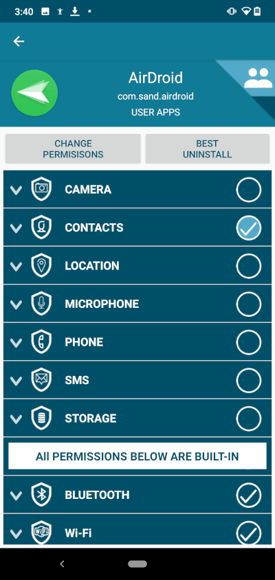 dangerous permissions list for an app