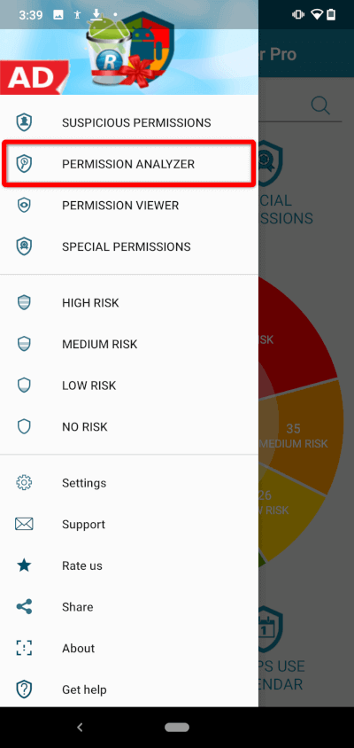 Permission Analyzer option in the drawer menu