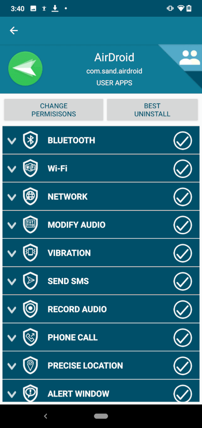 extra permissions list for an app