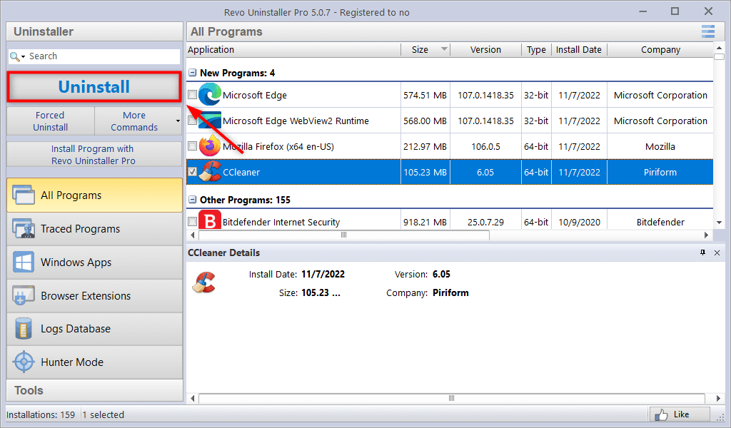 Program list in Revo Uninstaller Pro